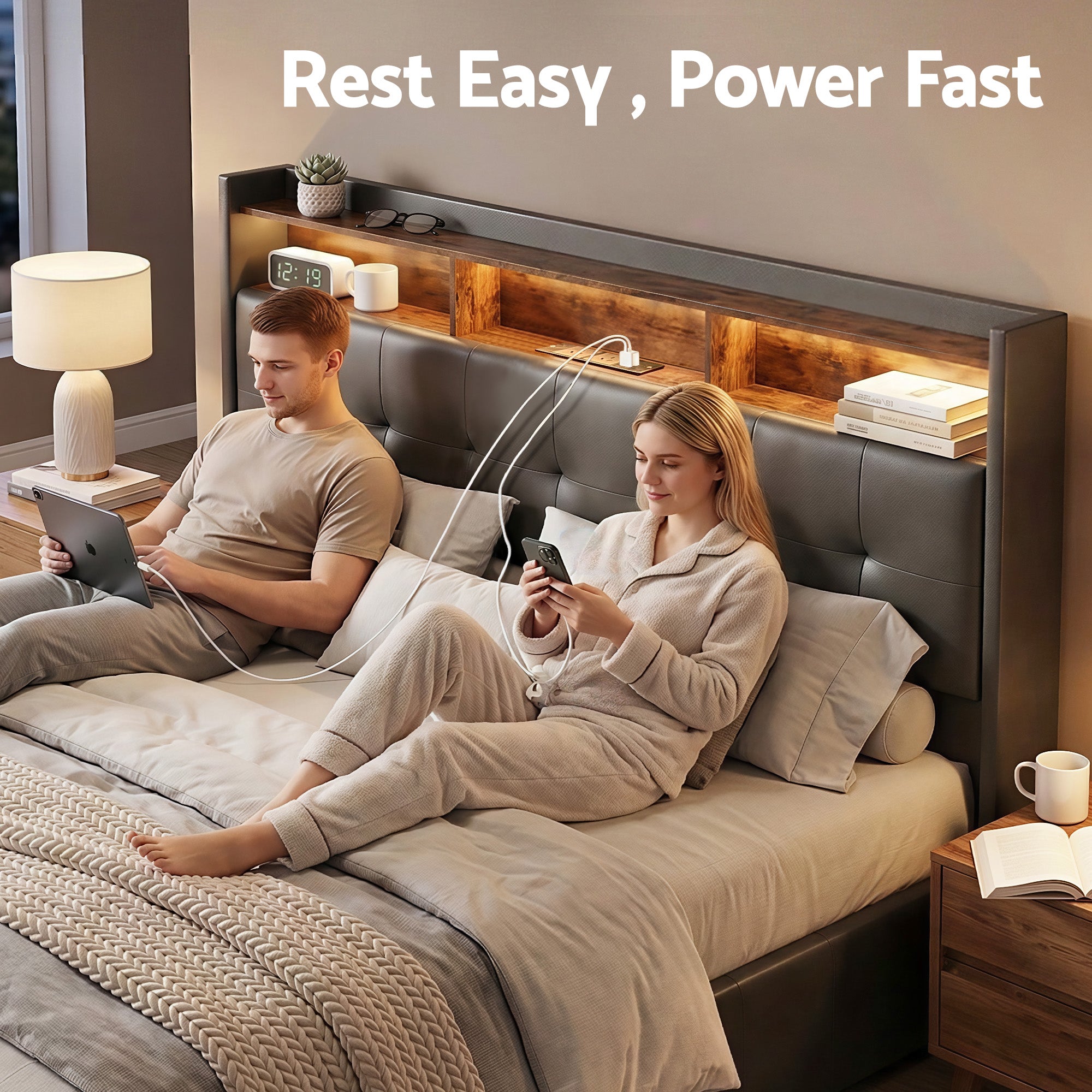 Queen Bed Frame with Gas Lift Storage LED Lights Charging Station Headboard with Open Shelf