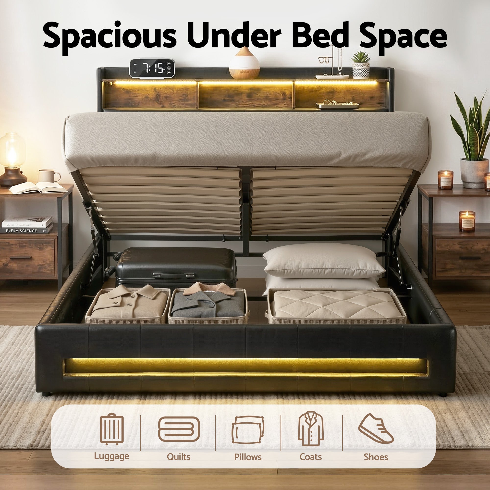 Queen Bed Frame with Gas Lift Storage LED Lights Charging Station Headboard with Open Shelf