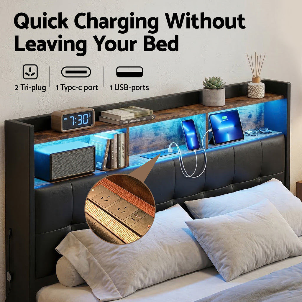 Queen Bed Frame with Gas Lift Storage LED Lights Charging Station Headboard with Open Shelf