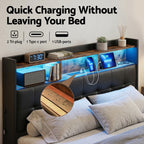 Queen Bed Frame with Gas Lift Storage LED Lights Charging Station Headboard with Open Shelf