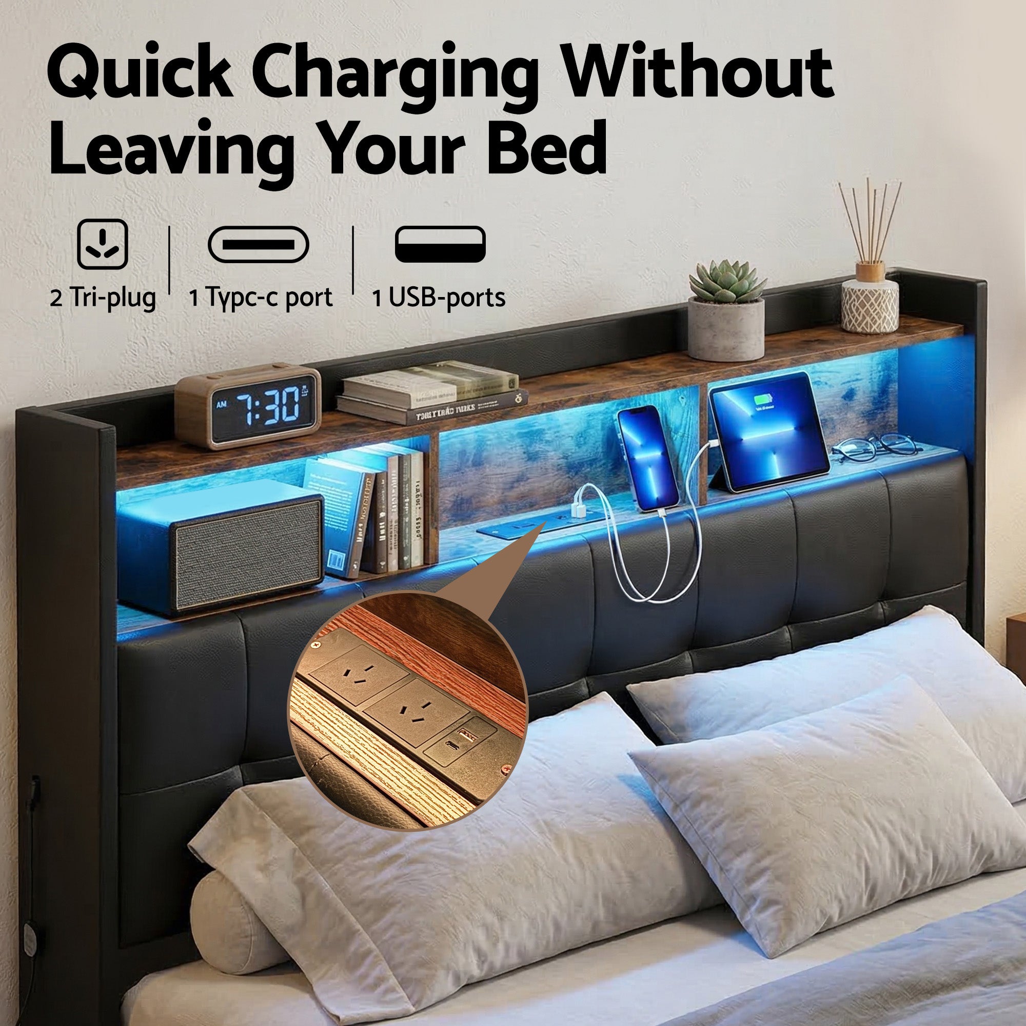 Queen Bed Frame with Gas Lift Storage LED Lights Charging Station Headboard with Open Shelf