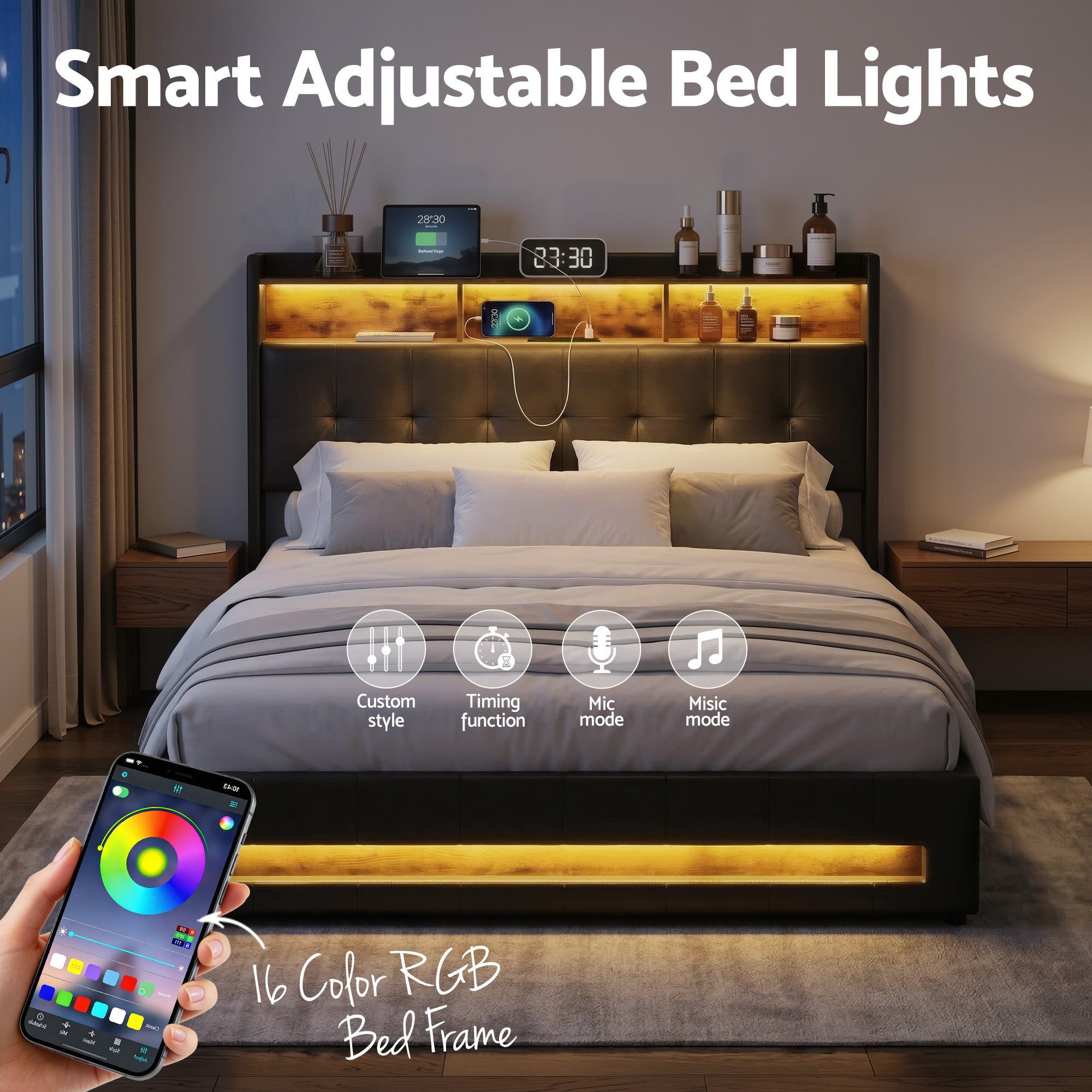 Queen Bed Frame with Gas Lift Storage LED Lights Charging Station Headboard with Open Shelf