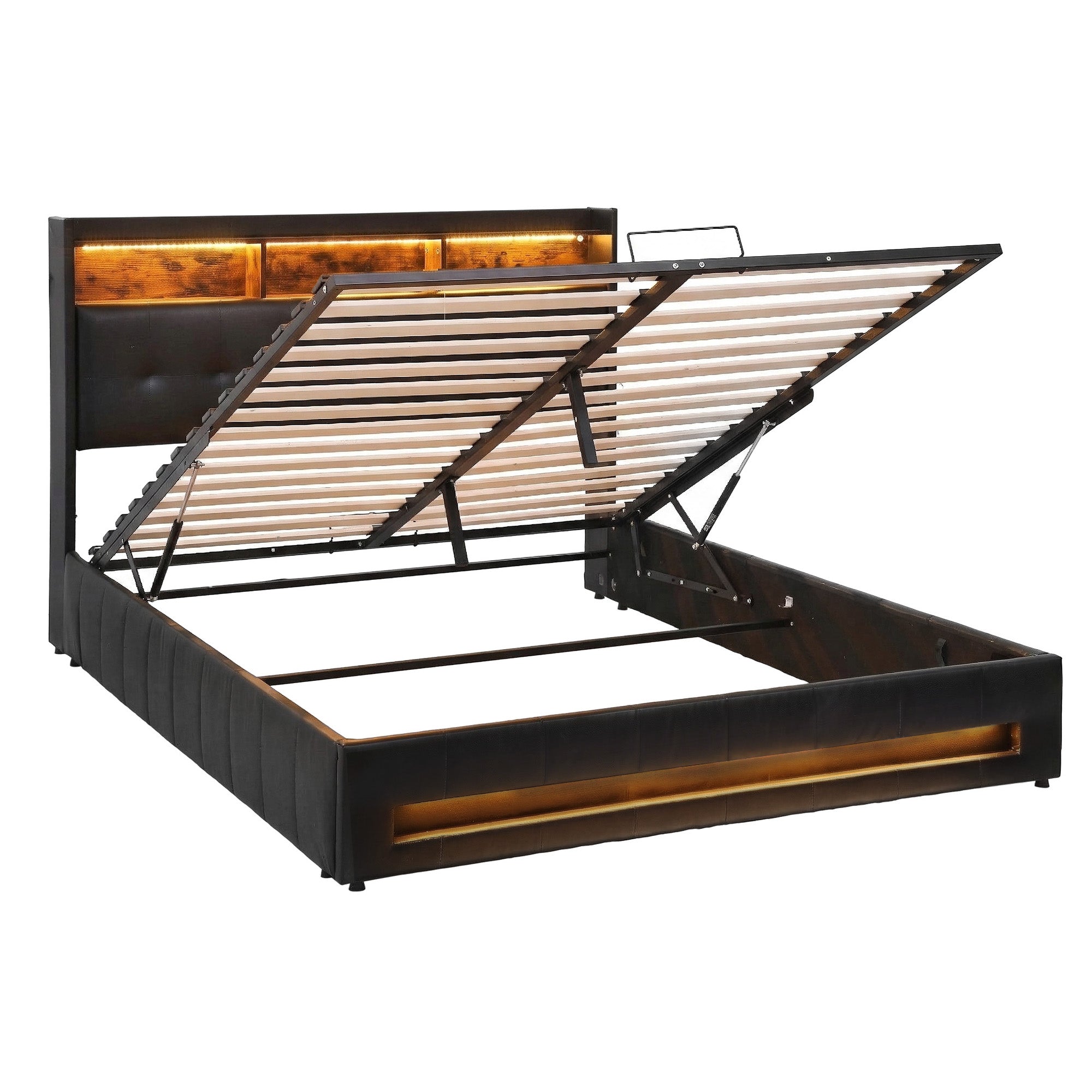 Queen Bed Frame with Gas Lift Storage LED Lights Charging Station Headboard with Open Shelf