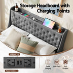 Double Bed Frame with 4 Storage Drawers and Charging Station Tufted Wingback Headboard 300kg Loads Charcoal Grey