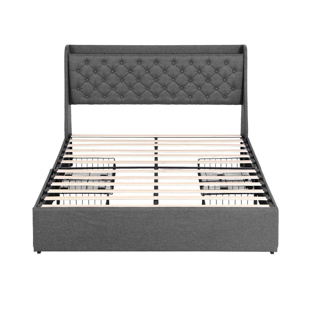 Queen Bed Frame with 4 Storage Drawers and Charging Station Tufted Wingback Headboard 300kg Loads Charcoal Grey