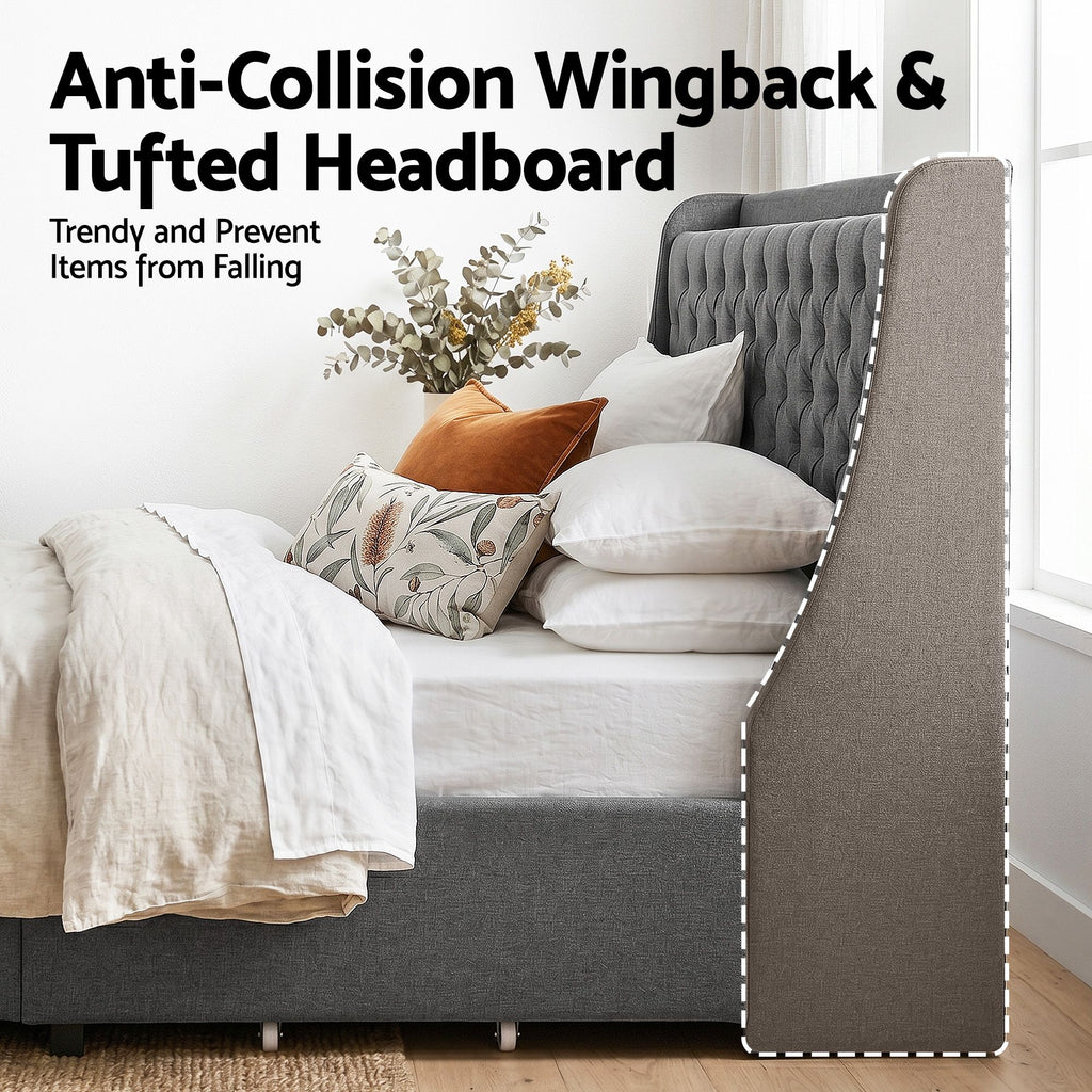 Queen Bed Frame with 4 Storage Drawers and Charging Station Tufted Wingback Headboard 300kg Loads Charcoal Grey