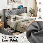 Queen Bed Frame with 4 Storage Drawers and Charging Station Tufted Wingback Headboard 300kg Loads Charcoal Grey