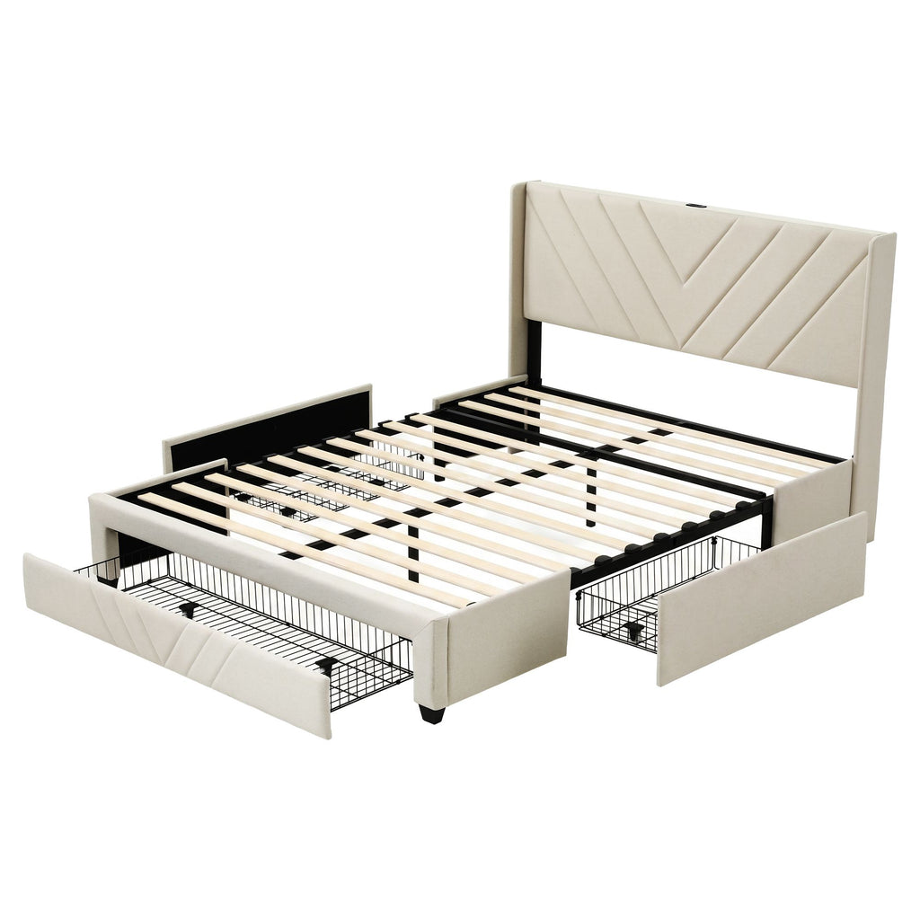 Double Bed Frame with Charging Station and Storage Drawers Beige 300KG Noise Free