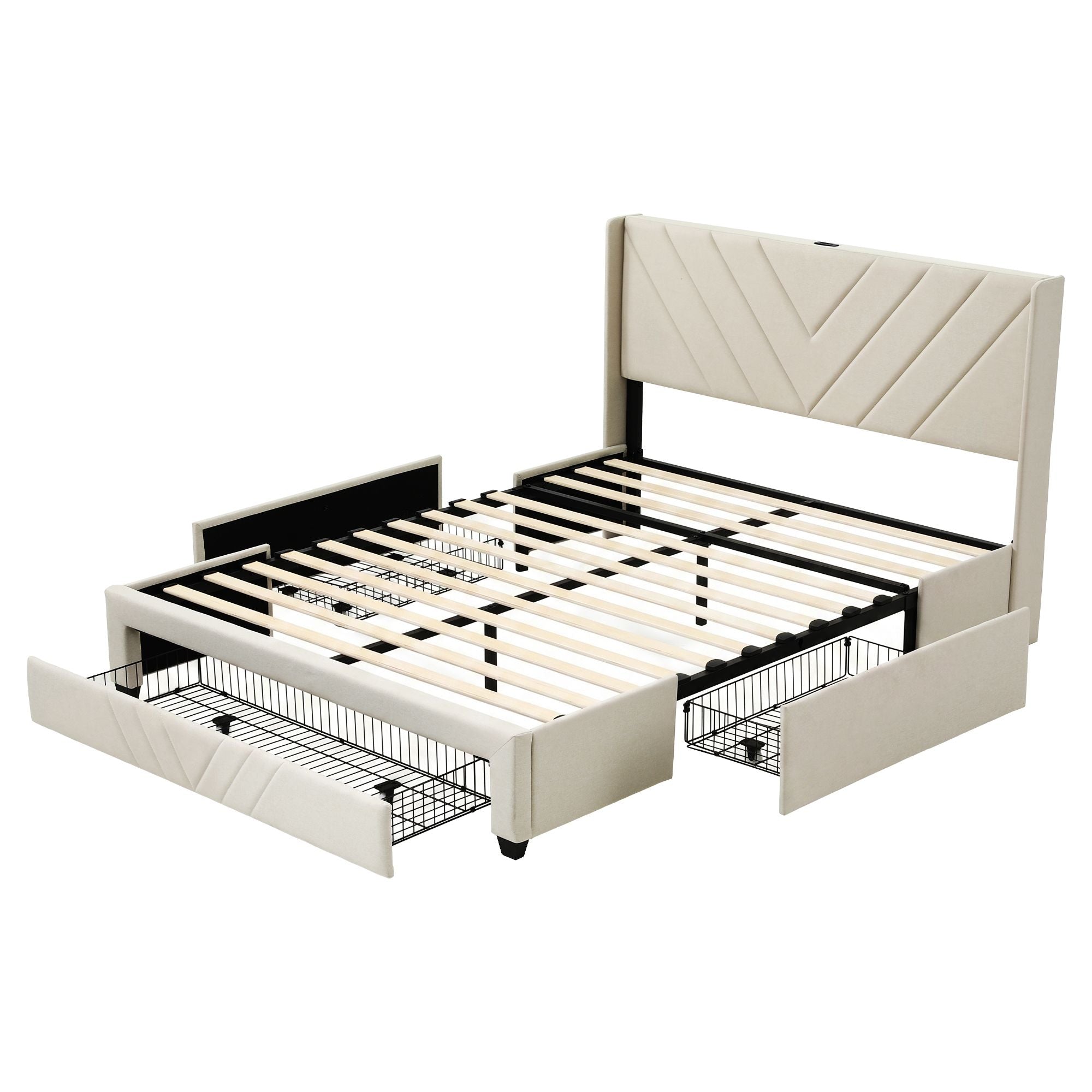 Double Bed Frame with Charging Station and Storage Drawers Beige 300KG Noise Free