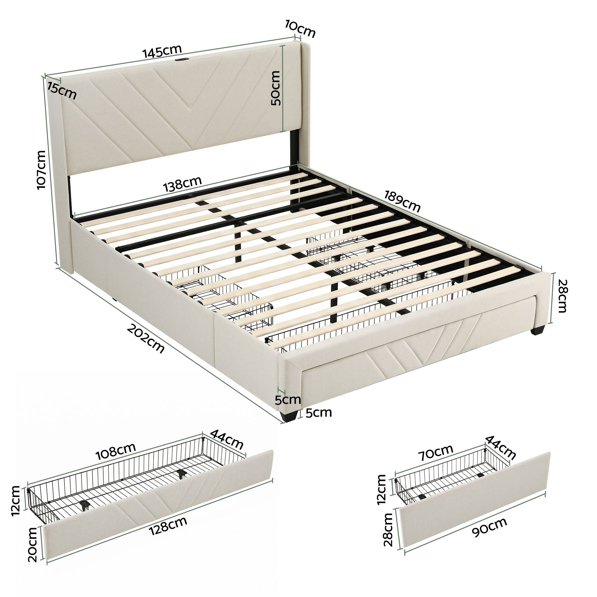 Double Bed Frame with Charging Station and Storage Drawers Beige 300KG Noise Free