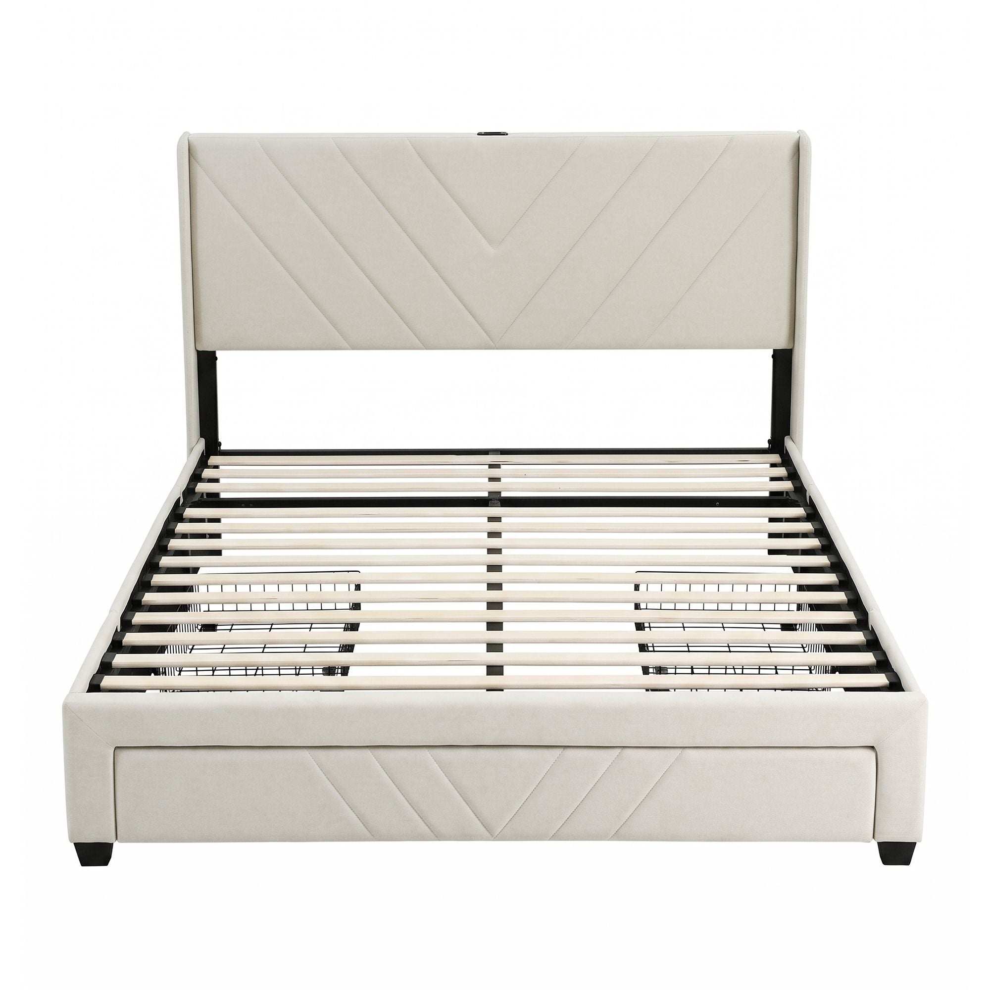 Double Bed Frame with Charging Station and Storage Drawers Beige 300KG Noise Free