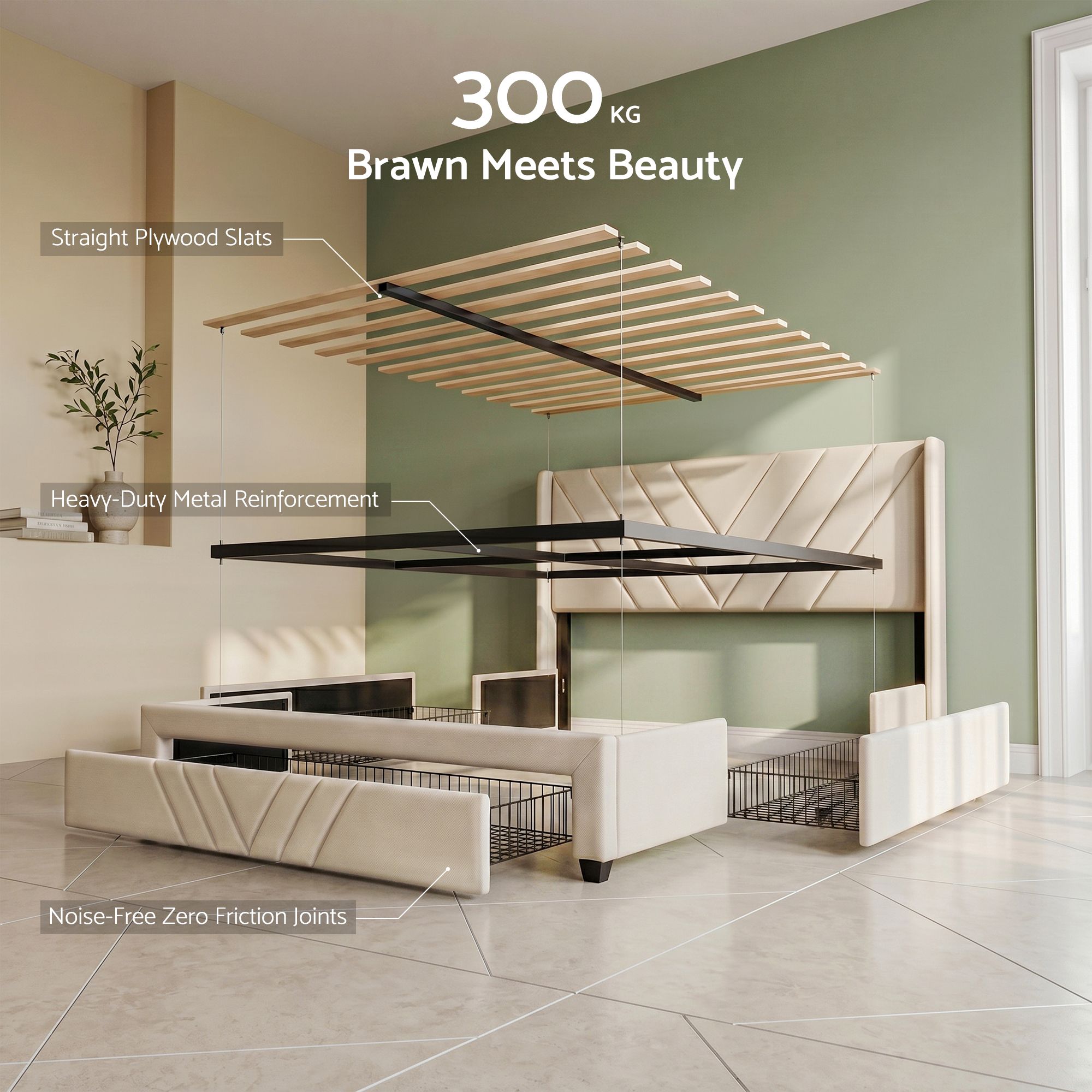 Double Bed Frame with Charging Station and Storage Drawers Beige 300KG Noise Free