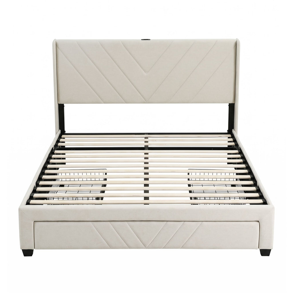 Queen Bed Frame with Charging Station and Storage Drawers Beige 300KG Noise Free