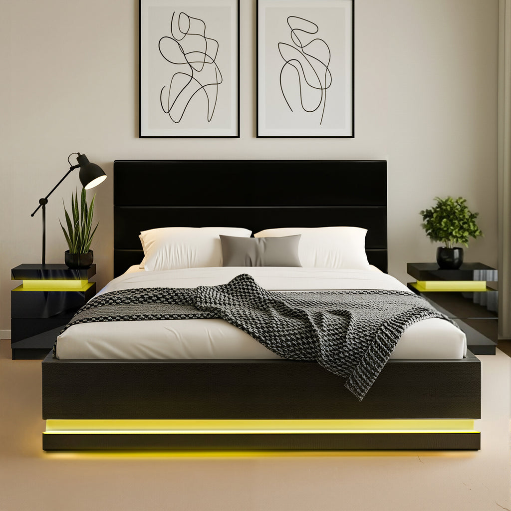 RGB LED Queen Bed Frame with 2 Beside Tables Set 16 Colour Mood Lighting