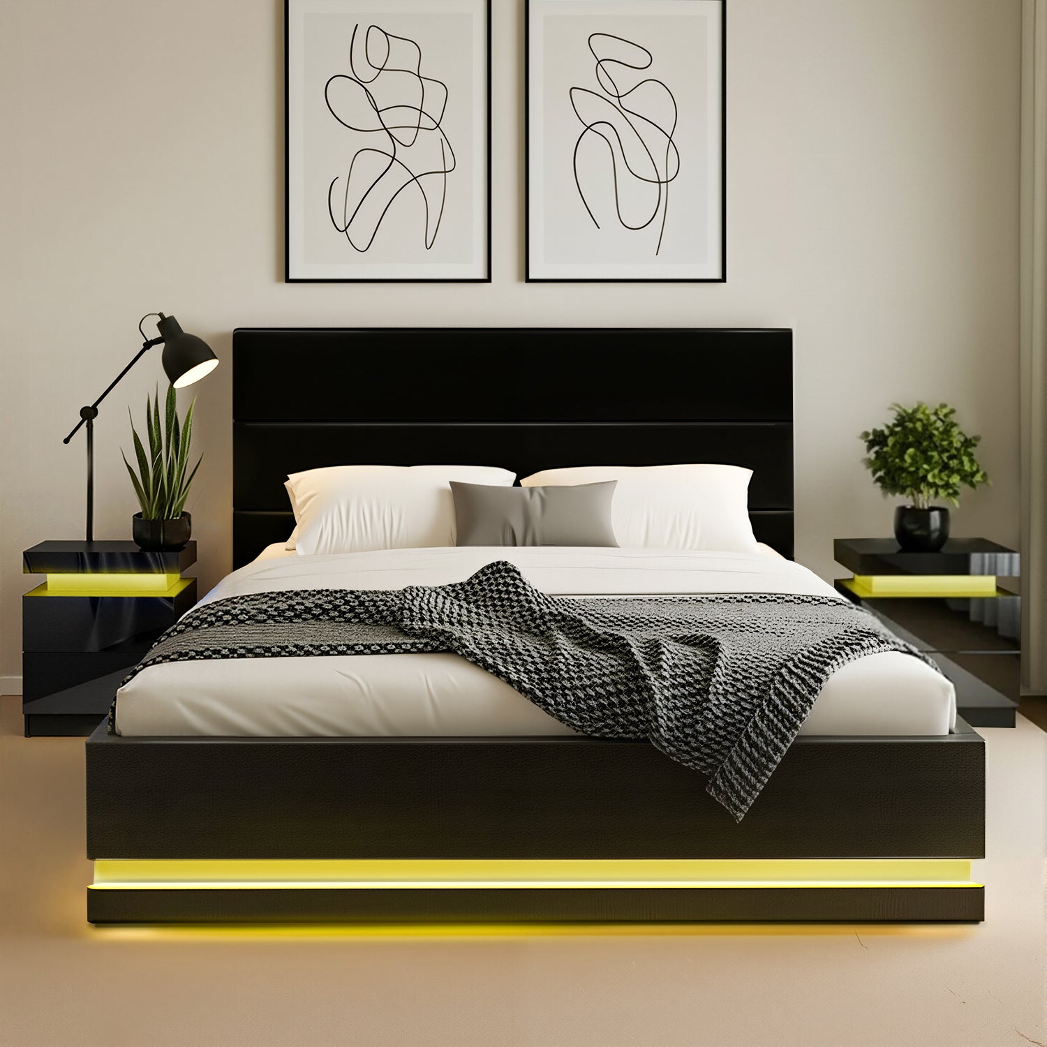 RGB LED Queen Bed Frame with 2 Beside Tables Set 16 Colour Mood Lighting