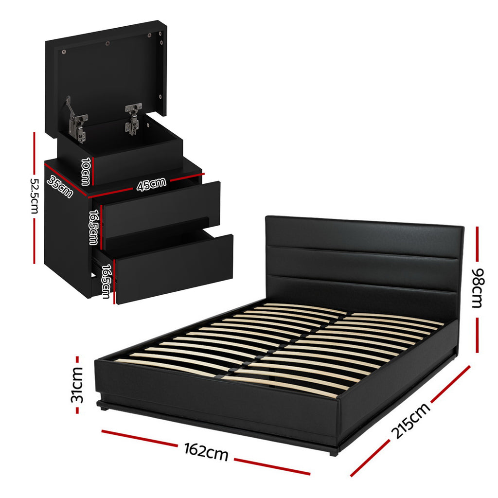 RGB LED Queen Bed Frame with 2 Beside Tables Set 16 Colour Mood Lighting
