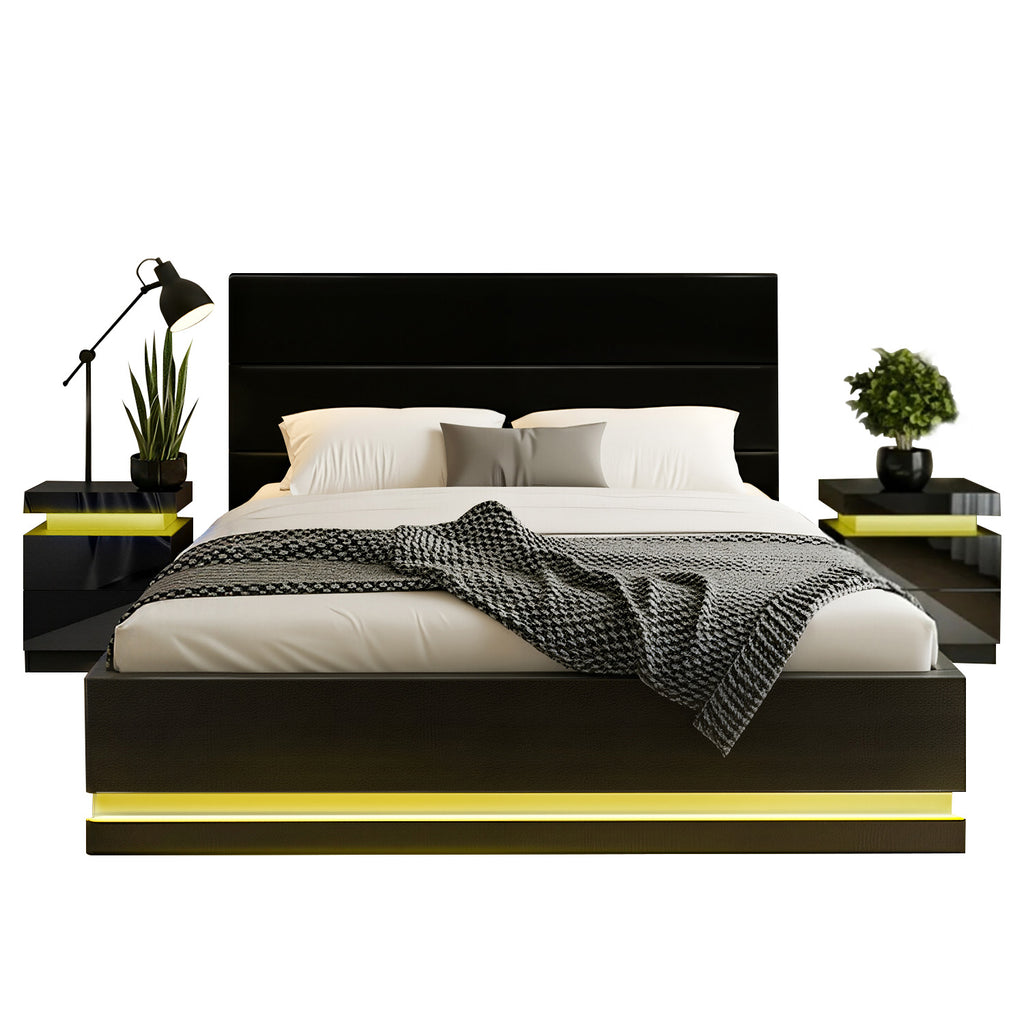 RGB LED Queen Bed Frame with 2 Beside Tables Set 16 Colour Mood Lighting