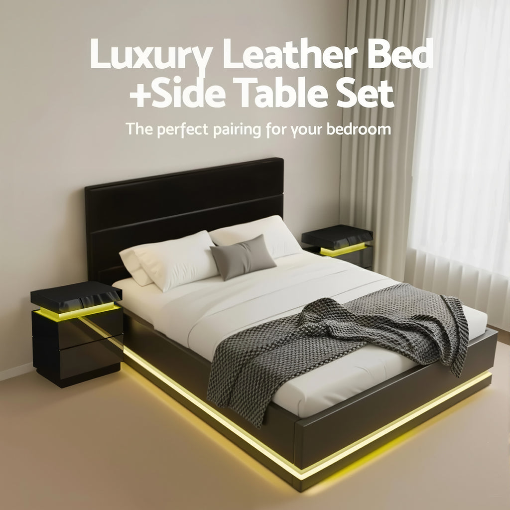 RGB LED Queen Bed Frame with 2 Beside Tables Set 16 Colour Mood Lighting