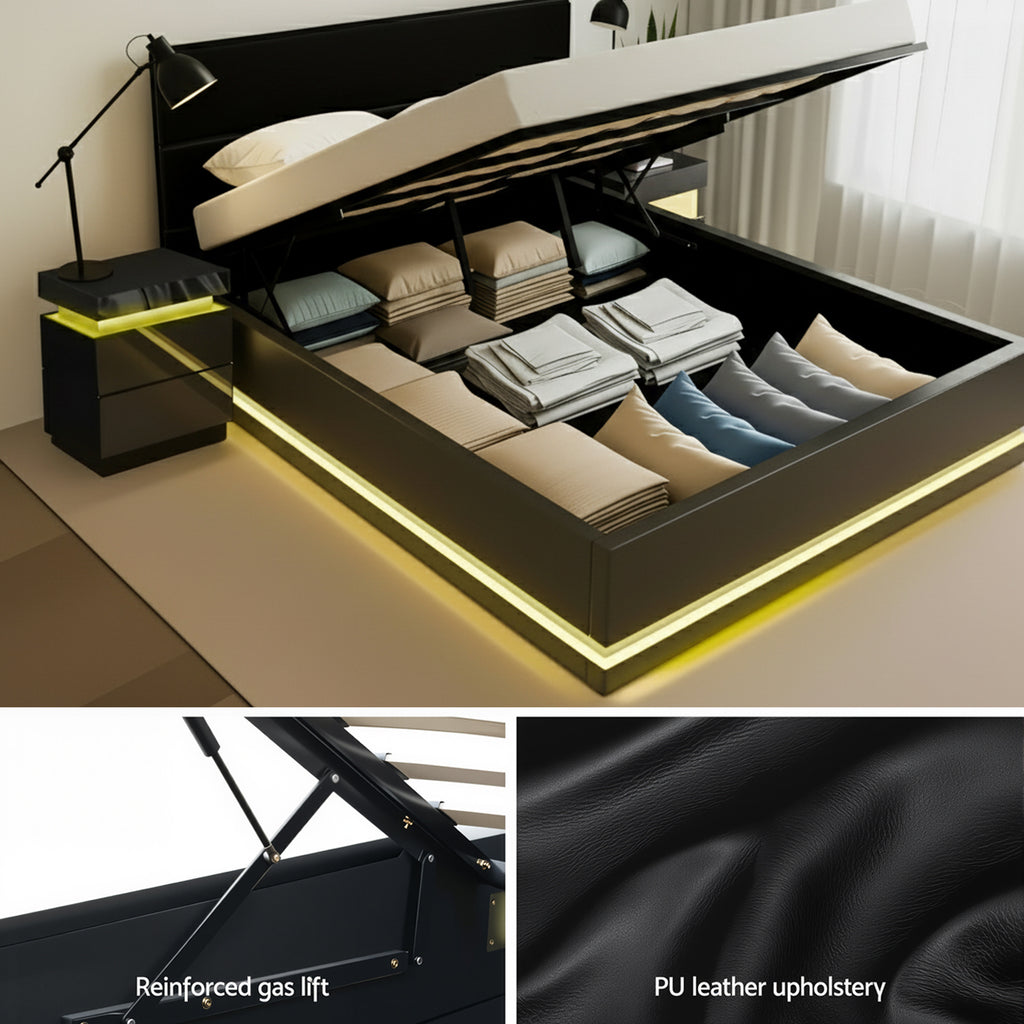 RGB LED Queen Bed Frame with 2 Beside Tables Set 16 Colour Mood Lighting