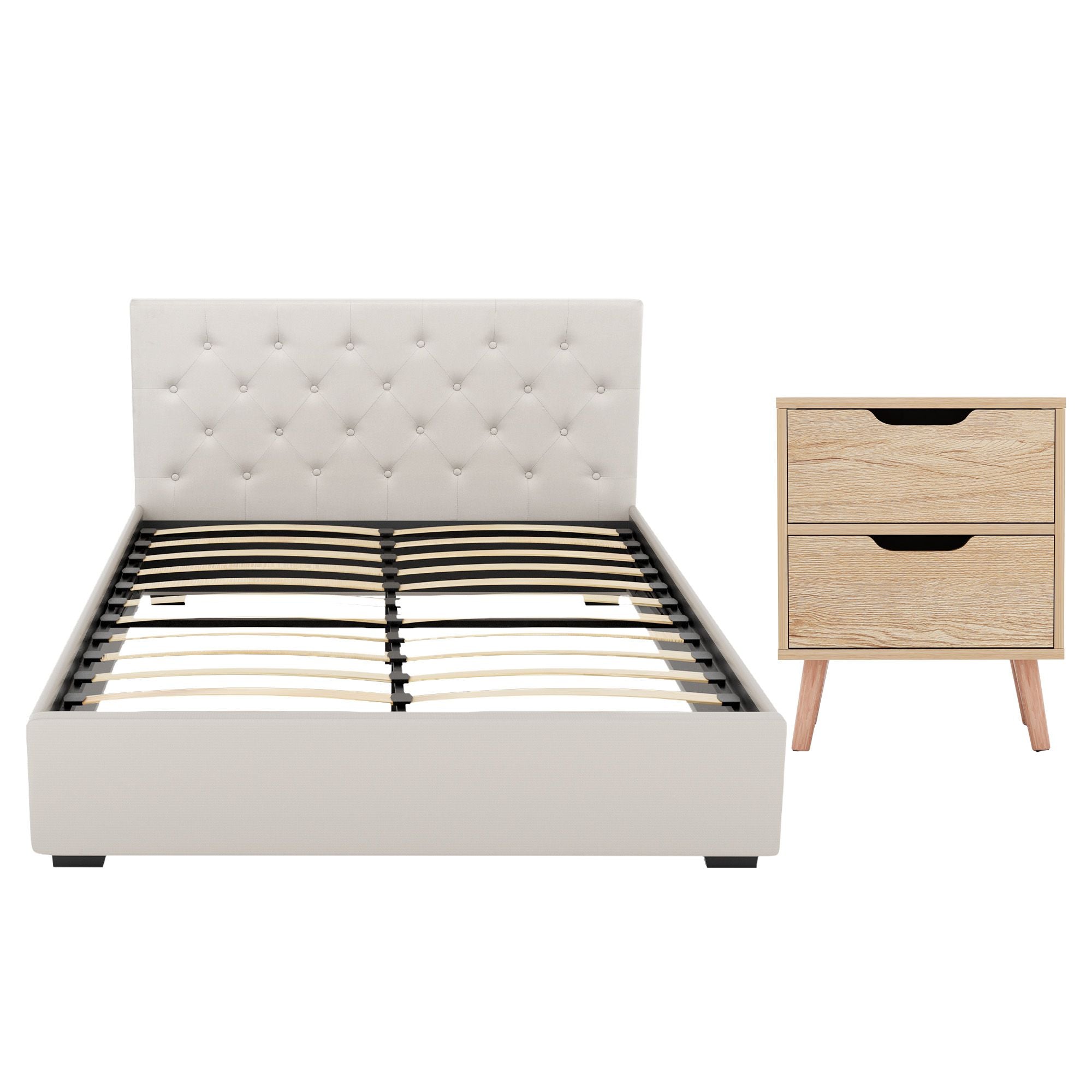 Double Bed Frame with Storage and Bedside Table Set Tufted Linen Gas Lift Bed Base and 2-Drawer Nightstand