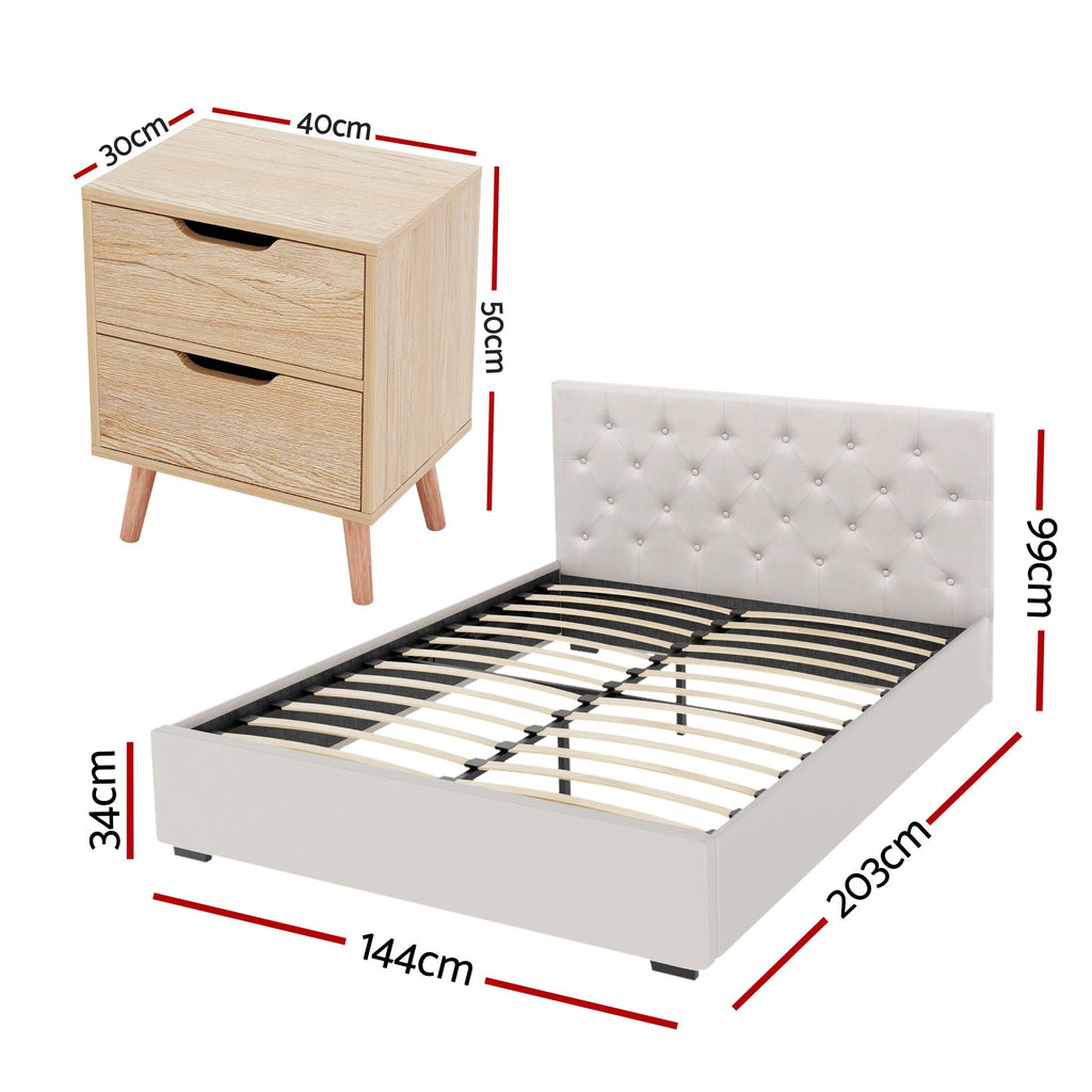 Double Bed Frame with Storage and Bedside Table Set Tufted Linen Gas Lift Bed Base and 2-Drawer Nightstand