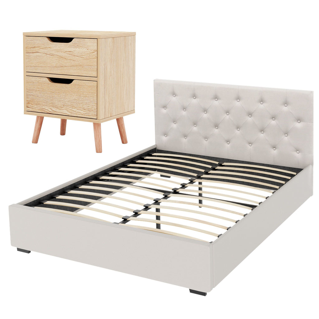 Double Bed Frame with Storage and Bedside Table Set Tufted Linen Gas Lift Bed Base and 2-Drawer Nightstand
