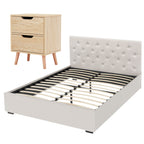 Double Bed Frame with Storage and Bedside Table Set Tufted Linen Gas Lift Bed Base and 2-Drawer Nightstand