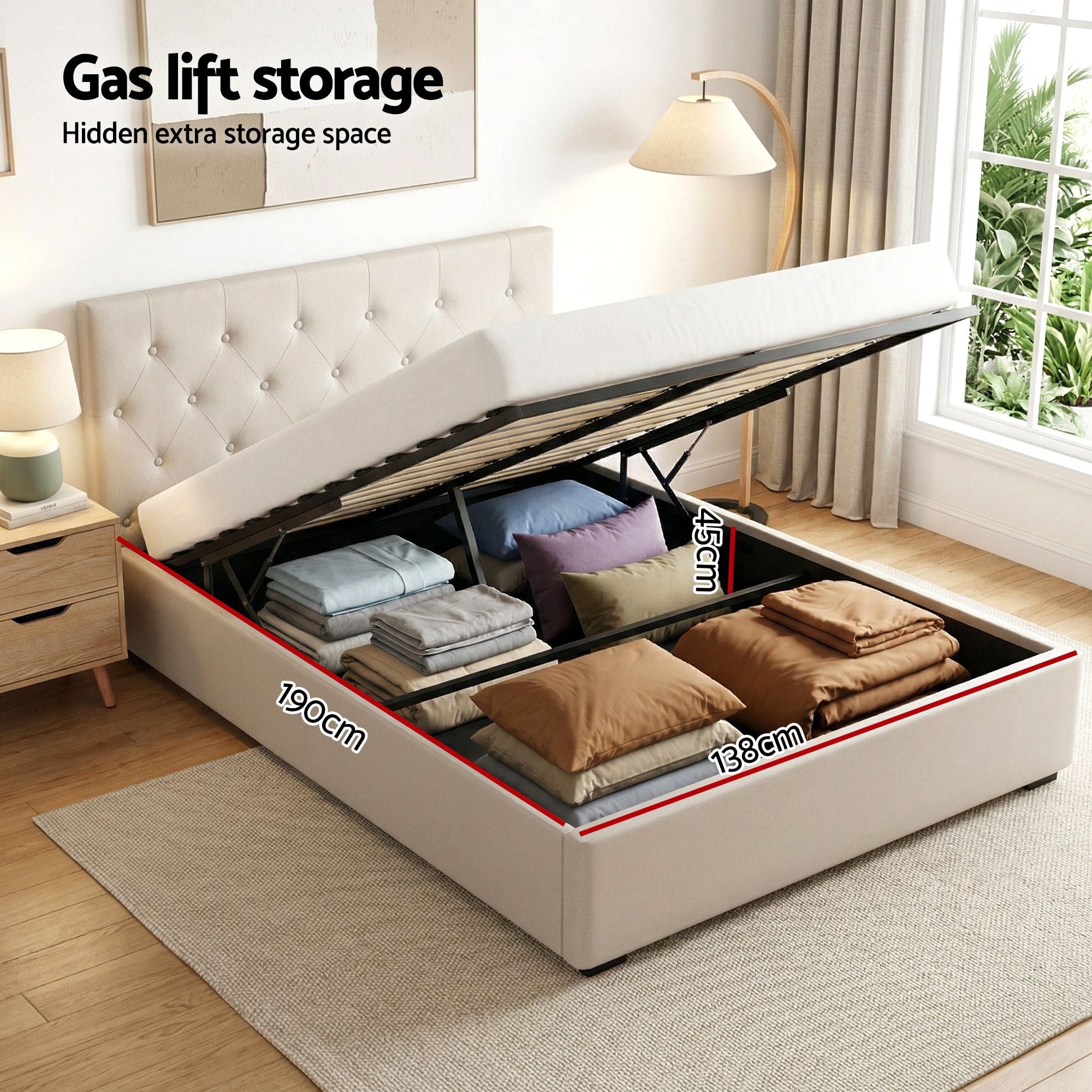 Double Bed Frame with Storage and Bedside Table Set Tufted Linen Gas Lift Bed Base and 2-Drawer Nightstand