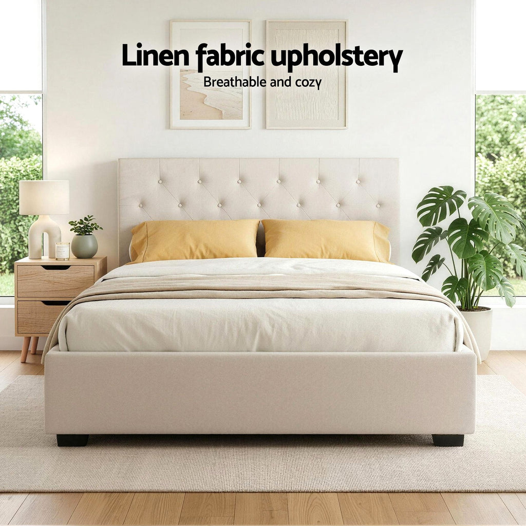 Double Bed Frame with Storage and Bedside Table Set Tufted Linen Gas Lift Bed Base and 2-Drawer Nightstand
