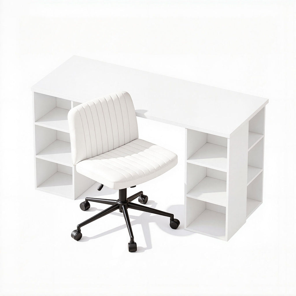 Office Desk & Chair Set 150cm Computer Desk with 6 Storage Shelves & Ergonomic Cross Legged Chair Armless Cross PU Leather Office Chair with Wheels