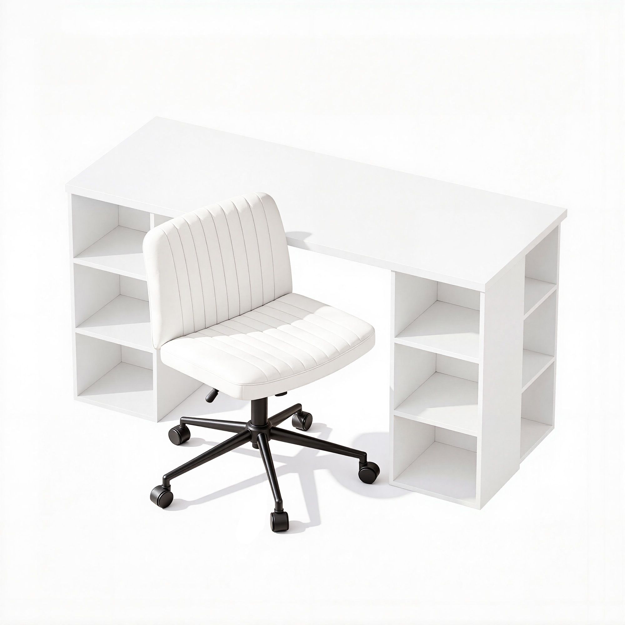 Office Desk & Chair Set 150cm Computer Desk with 6 Storage Shelves & Ergonomic Cross Legged Chair Armless Cross PU Leather Office Chair with Wheels