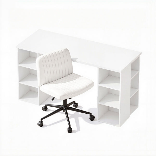 Office Desk & Chair Set 150cm Computer Desk with 6 Storage Shelves & Ergonomic Cross Legged Chair Armless Cross PU Leather Office Chair with Wheels