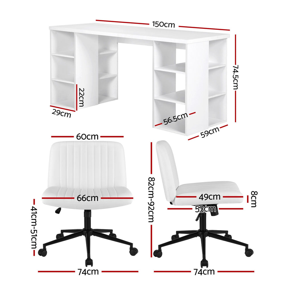 Office Desk & Chair Set 150cm Computer Desk with 6 Storage Shelves & Ergonomic Cross Legged Chair Armless Cross PU Leather Office Chair with Wheels