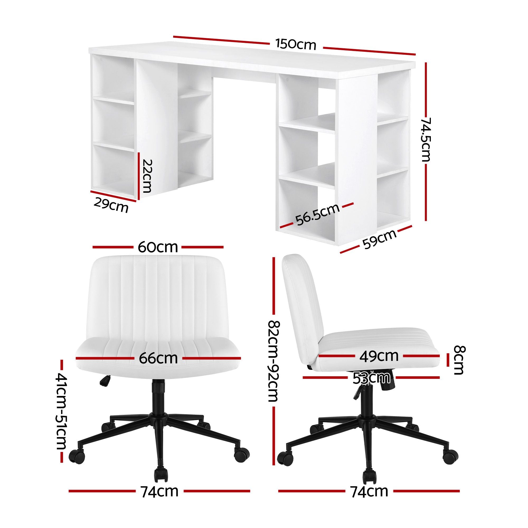 Office Desk & Chair Set 150cm Computer Desk with 6 Storage Shelves & Ergonomic Cross Legged Chair Armless Cross PU Leather Office Chair with Wheels