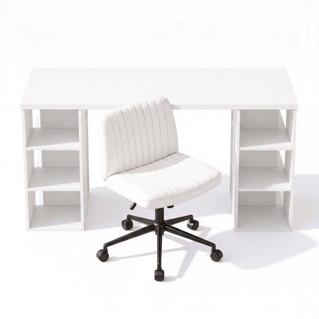 Office Desk & Chair Set 150cm Computer Desk with 6 Storage Shelves & Ergonomic Cross Legged Chair Armless Cross PU Leather Office Chair with Wheels