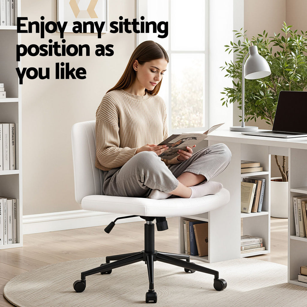 Office Desk & Chair Set 150cm Computer Desk with 6 Storage Shelves & Ergonomic Cross Legged Chair Armless Cross PU Leather Office Chair with Wheels