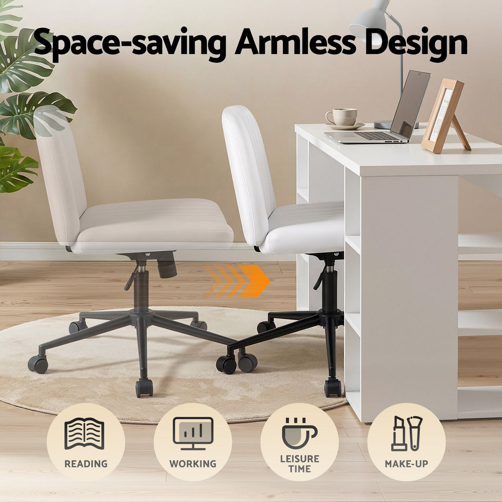 Office Desk & Chair Set 150cm Computer Desk with 6 Storage Shelves & Ergonomic Cross Legged Chair Armless Cross PU Leather Office Chair with Wheels