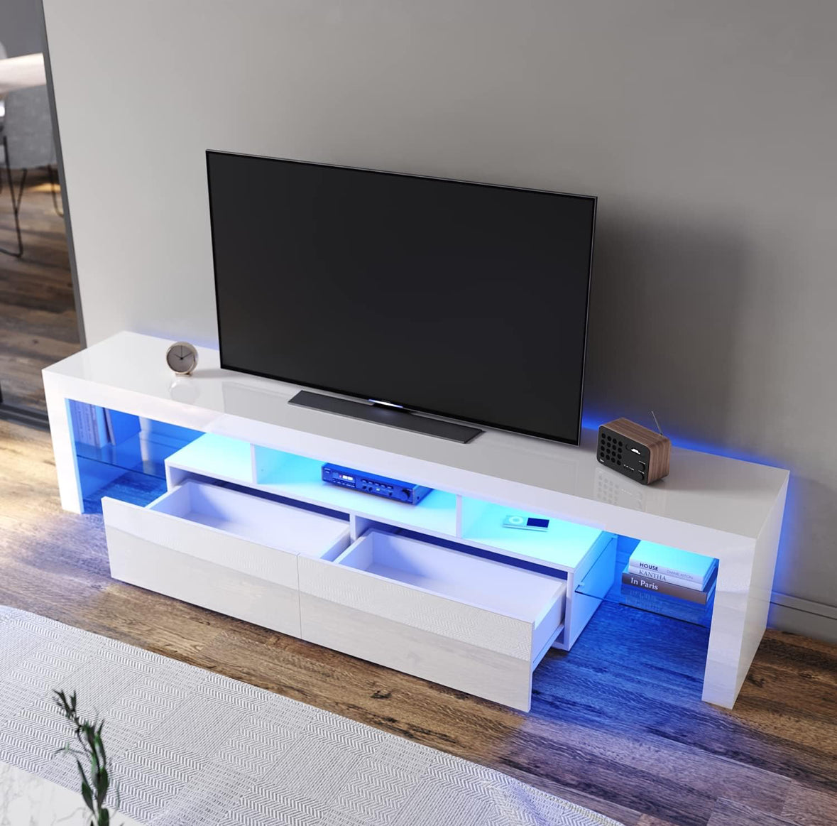 White TV Unit High Gloss Finish with Drawer – 190cm