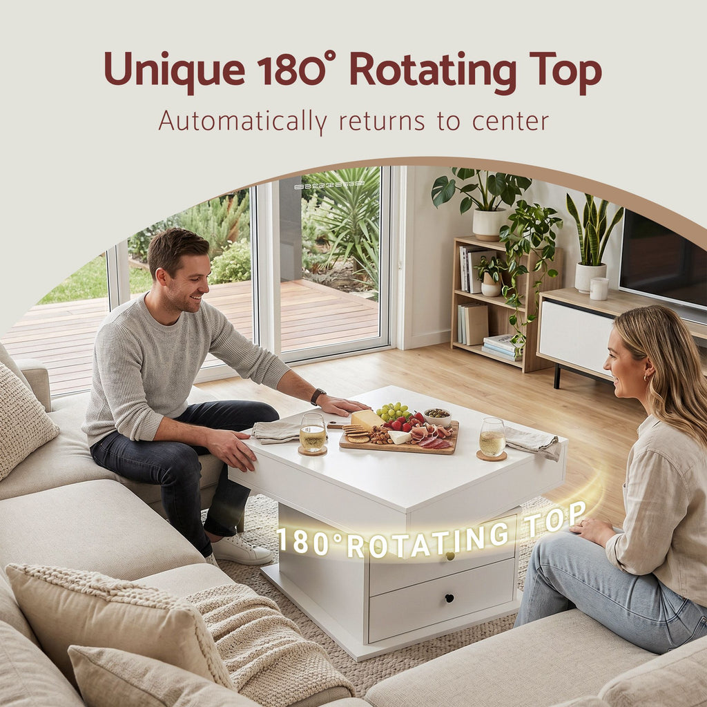 Lift Top Coffee Table Centre Table with Rotating Top Hidden Storage White