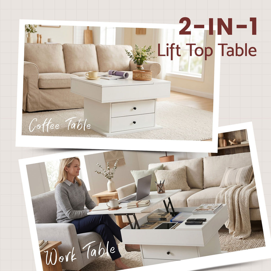 Lift Top Coffee Table Centre Table with Rotating Top Hidden Storage White