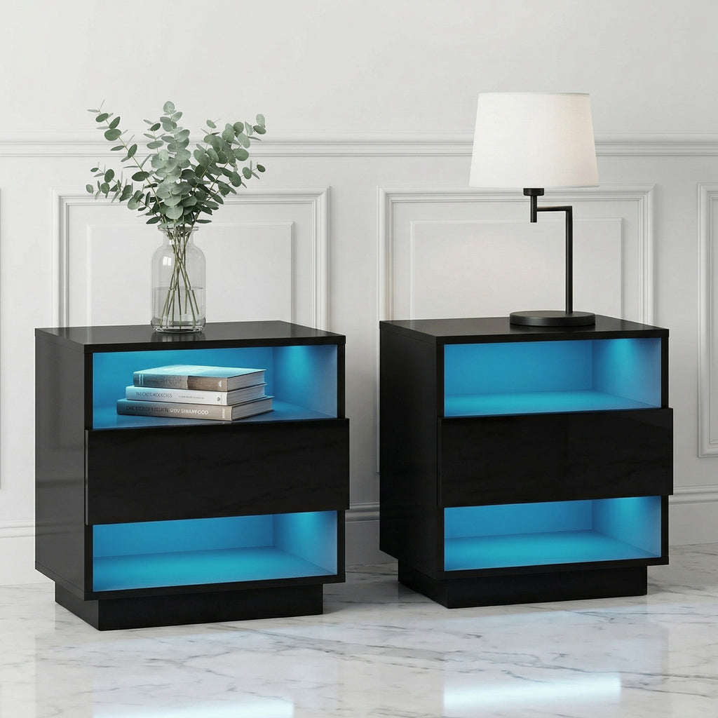 2x Bedside Table LED with 2 Shelves - HANA Black