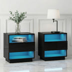 2x Bedside Table LED with 2 Shelves - HANA Black