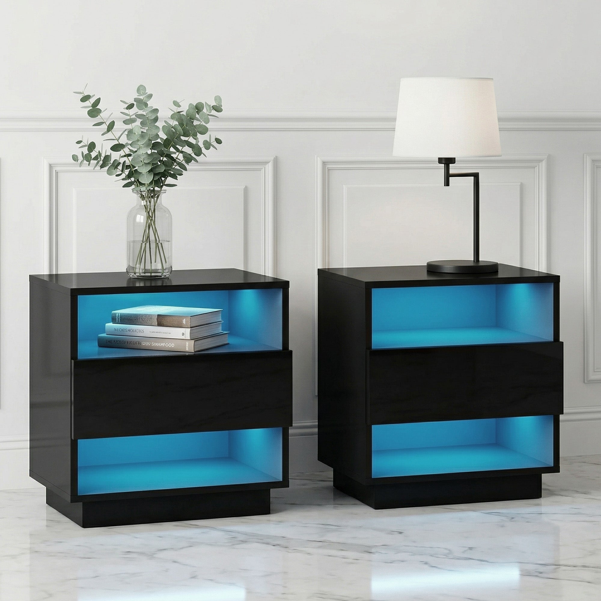 2x Bedside Table LED with 2 Shelves - HANA Black