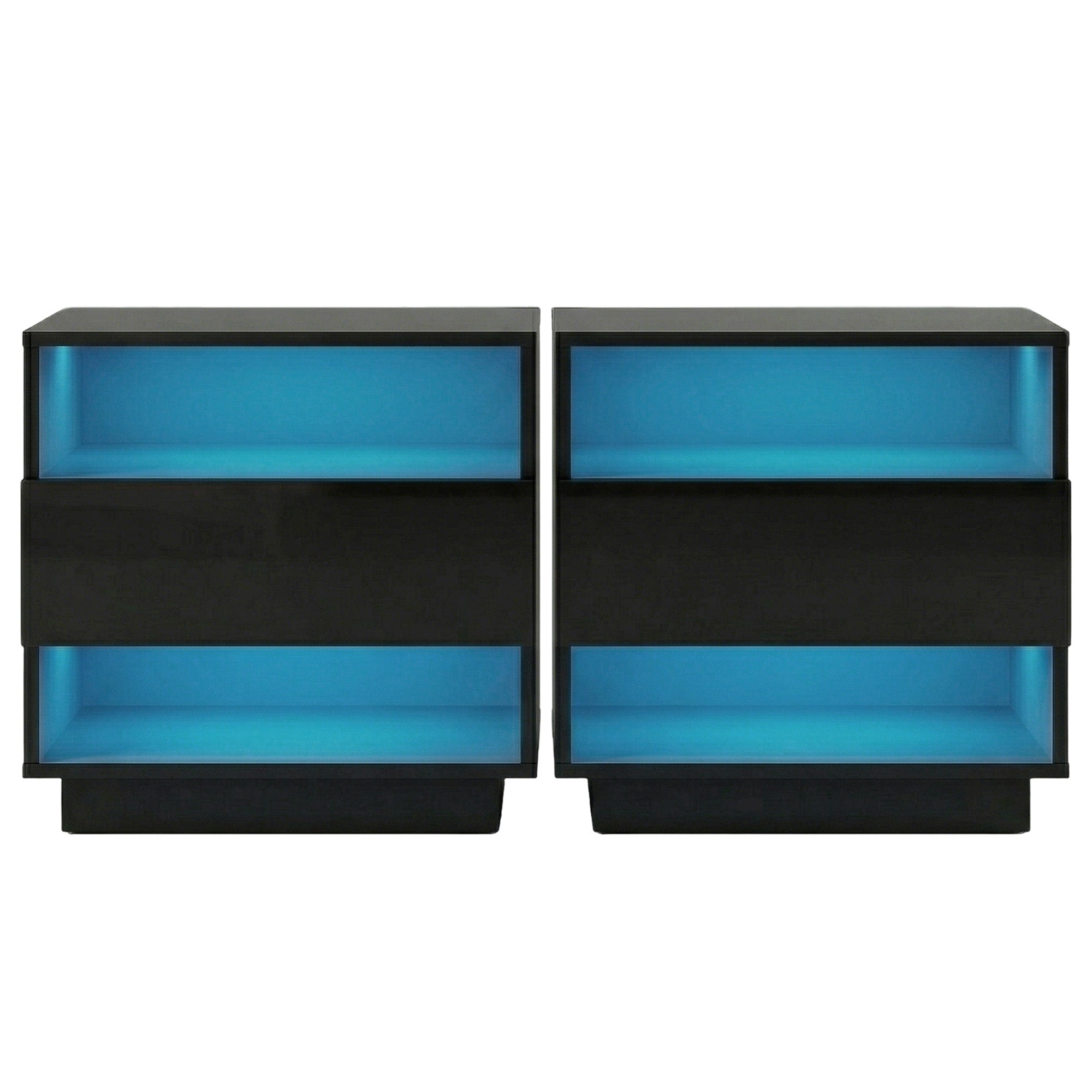 2x Bedside Table LED with 2 Shelves - HANA Black