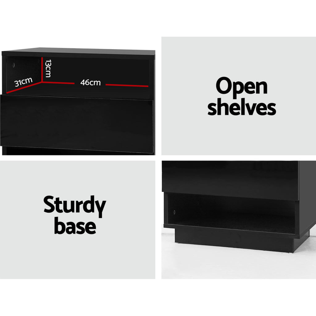 2x Bedside Table LED with 2 Shelves - HANA Black