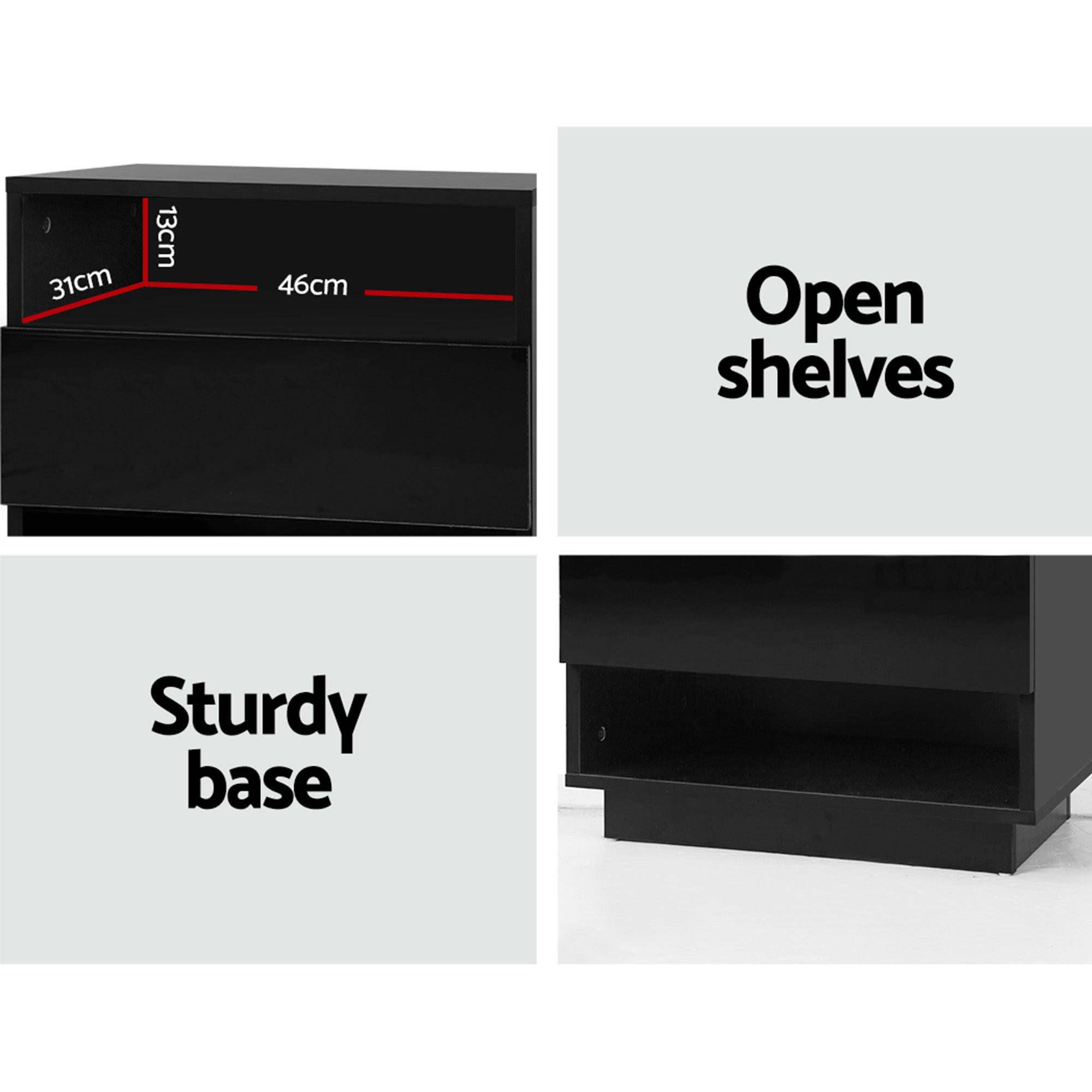 2x Bedside Table LED with 2 Shelves - HANA Black