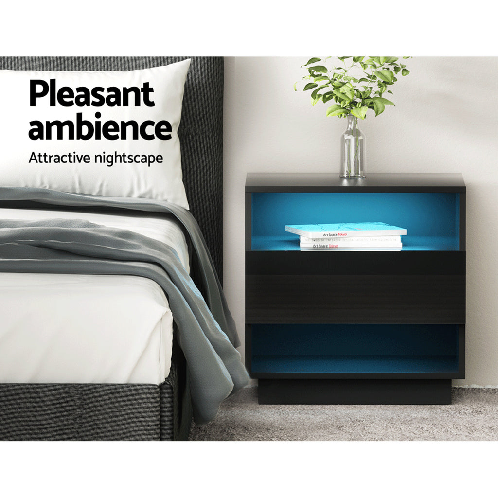 2x Bedside Table LED with 2 Shelves - HANA Black
