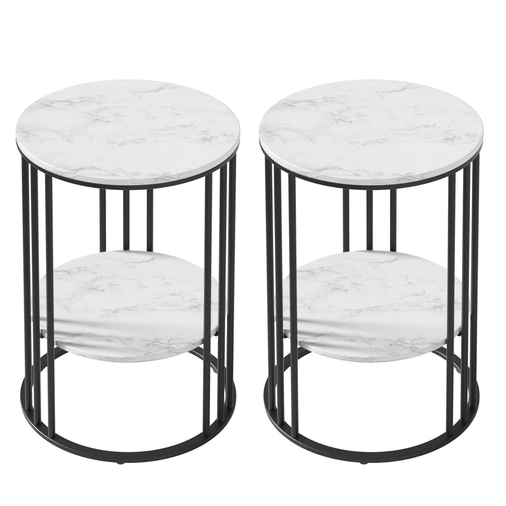 Set of 2 Side Table Coffee Table 2-Tier Round Marble Effect