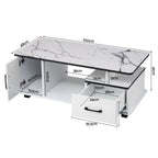 Coffee Table Marble Finish Center Table with Storage Drawer Cabinet Wood White