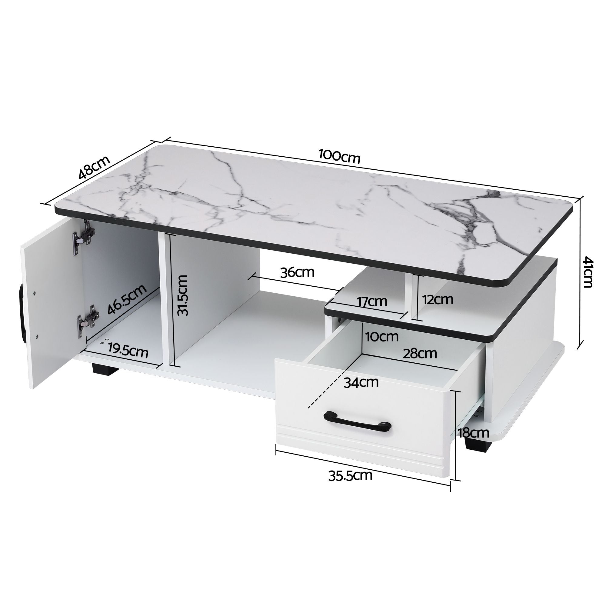 Coffee Table Marble Finish Center Table with Storage Drawer Cabinet Wood White